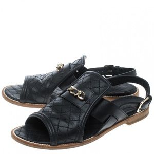 Chanel Black Quilted Leather Chain CC Detail Peep Toe Slingback Flats Size 37.5